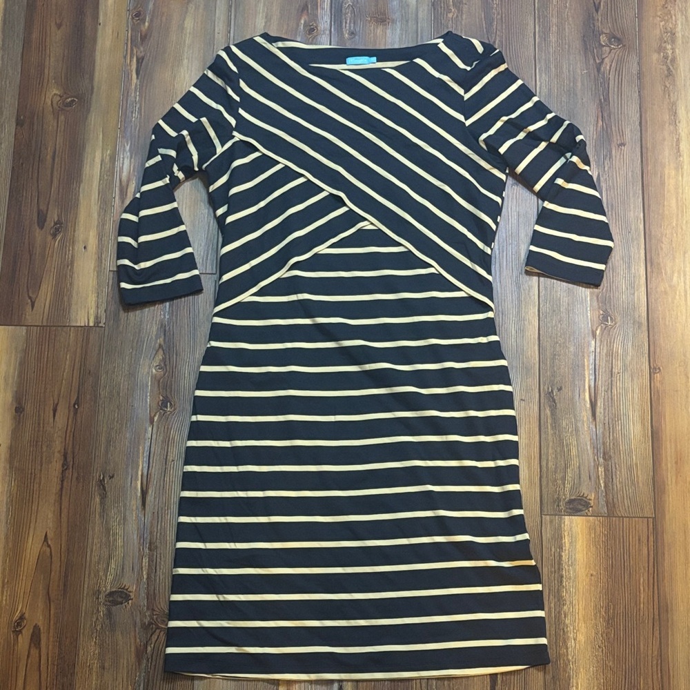 J. McLaughlin Black and Tan Striped Long Sleeve Dress Medium